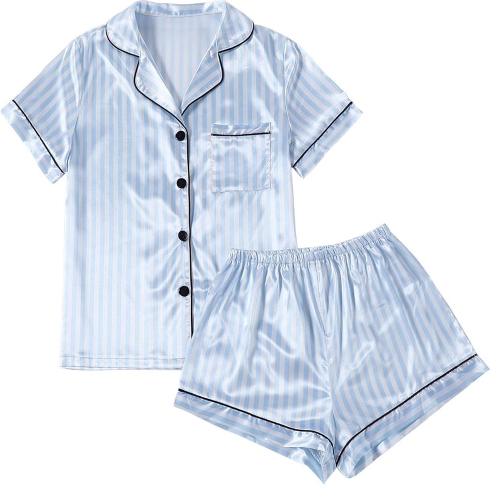 LYANER Women’s Striped Silky Satin Pajamas Short Sleeve Top with Shorts